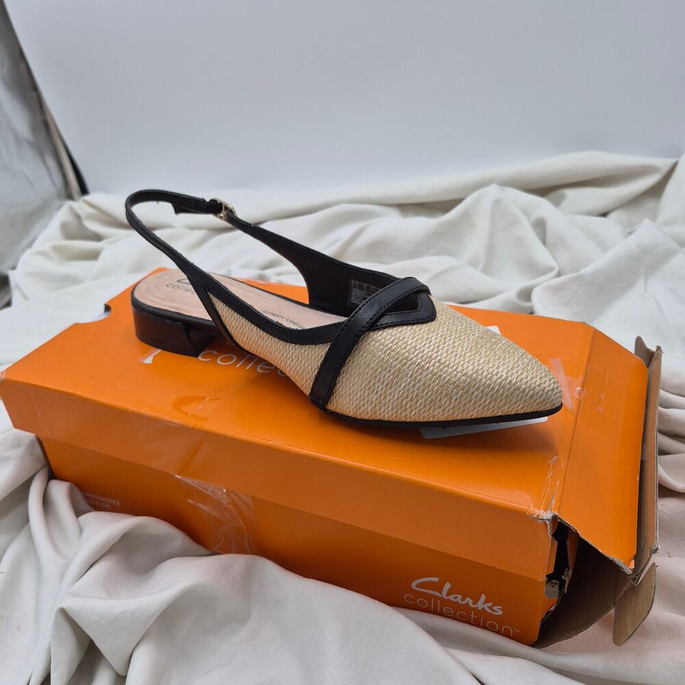 NEW Clarks Natalyn Sling Pointed Toe Flats Natural Raffia & Black women SZ 10 W - Picture 7 of 10